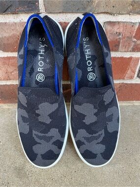 Rothy's Slip On Sneaker Black Gray Camo Shoes Size 8
